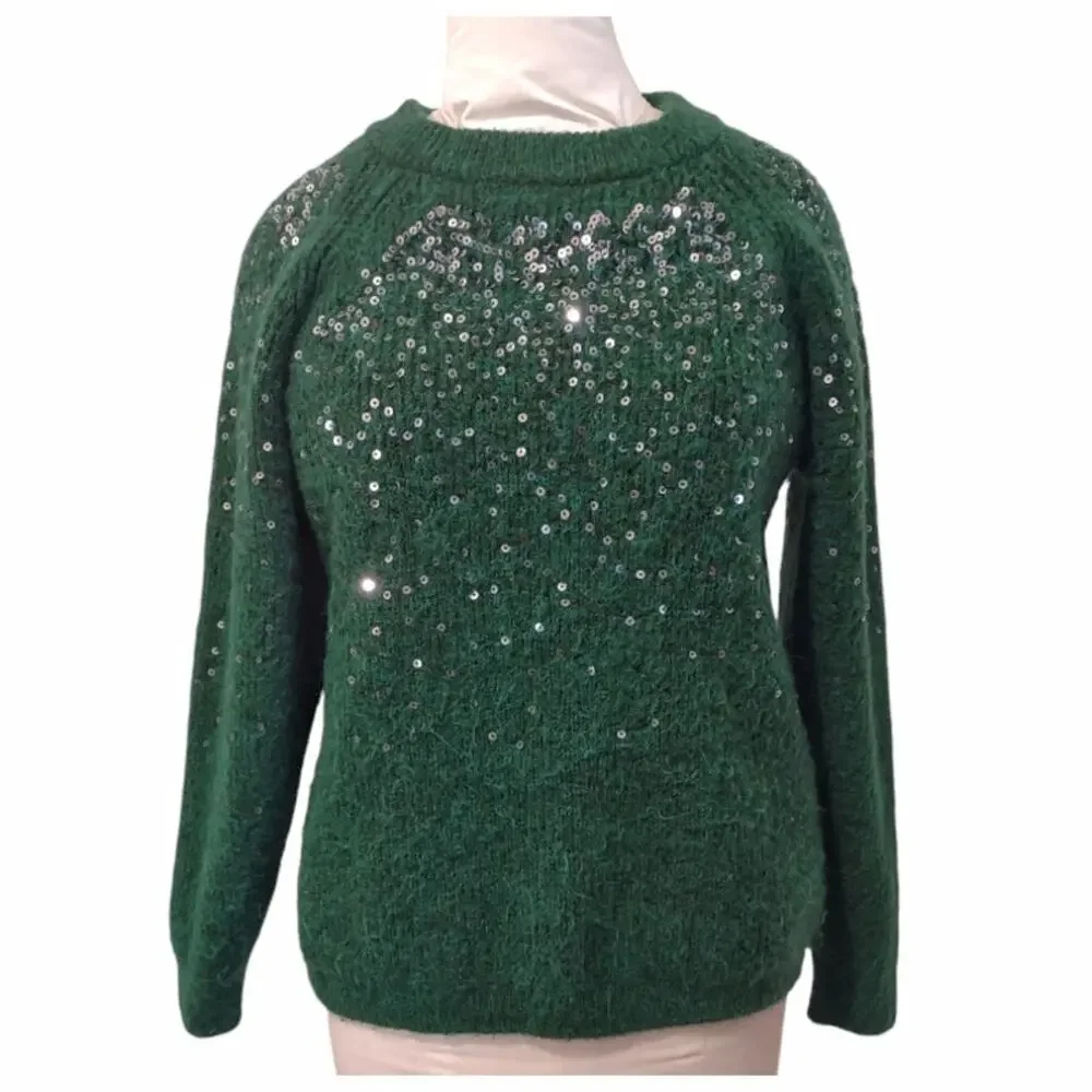 MARKS & SPENCER Green Sweater Size M Silver Sequins Crew Neck Raglan Sleeve Cozy